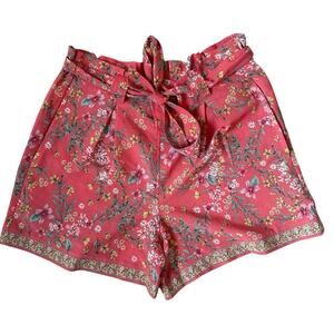 Max Studio Coral Pink Floral Paperbag Waiste Dress Shorts With Tie Belt